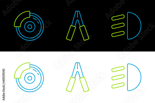 Set line High beam, Car brake disk with caliper and battery jumper power cable icon. Vector