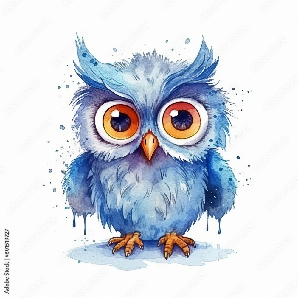 Cute watercolor blue owl. Illustration AI Generative.