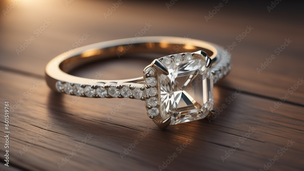 Diamond Ring on Wooden Background. Generative AI Diamond Ring on Wooden Background. Generative AI