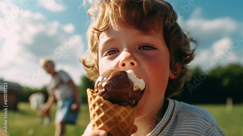 Child eats ice cream. Illustration Generative AI