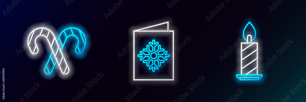 Set line Burning candle in candlestick, Christmas candy cane with stripes and postcard icon. Glowing neon. Vector Set line Burning candle in candlestick, Christmas candy cane with stripes and postcard icon. Glowing neon. Vector