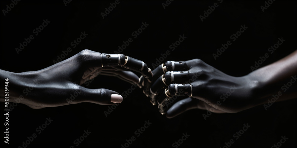 Two black people touch the fingers of their robotic hands. Black background. Futuristic. Generative AI technology. Created using Generative AI technology. Two black people touch the fingers of their robotic hands. Black background. Futuristic. Generative AI technology. Created using Generative AI technology.