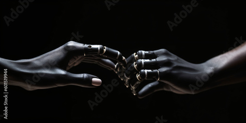 Two black people touch the fingers of their robotic hands. Black background. Futuristic. Generative AI technology. Created using Generative AI technology.