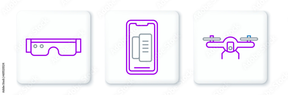 Set line Drone flying, Smart glasses and Smartphone, mobile phone icon. Vector Set line Drone flying, Smart glasses and Smartphone, mobile phone icon. Vector
