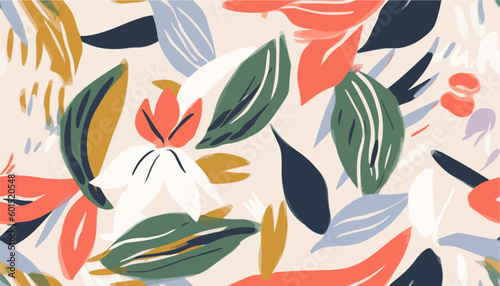 Modern abstract flowers collage pattern. Bright contemporary print. Fashionable template for design