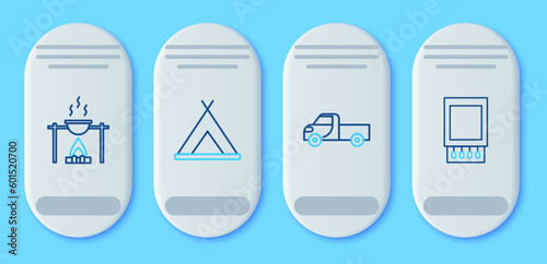 Set line Tourist tent, Pickup truck, Campfire and pot and Open matchbox matches icon. Vector