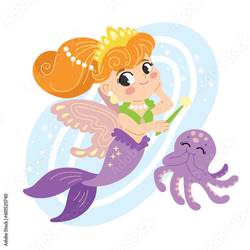 Cute Cartoon Mermaid fairy and octopus vector illustration