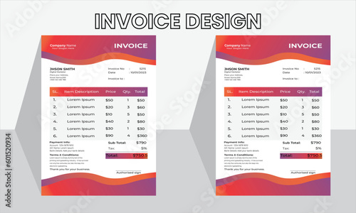 Creative and Unique abstract style business invoice template. Quotation Invoice Layout Template Paper Sheet Include Accounting, Price, Tax, and Quantity. With color variation Vector illustration