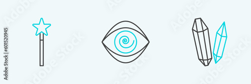 Set line Magic stone, wand and Hypnosis icon. Vector