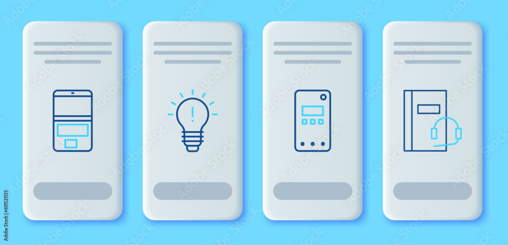 Set line Light bulb with concept of idea, Mobile phone, Laptop and Audio book icon. Vector