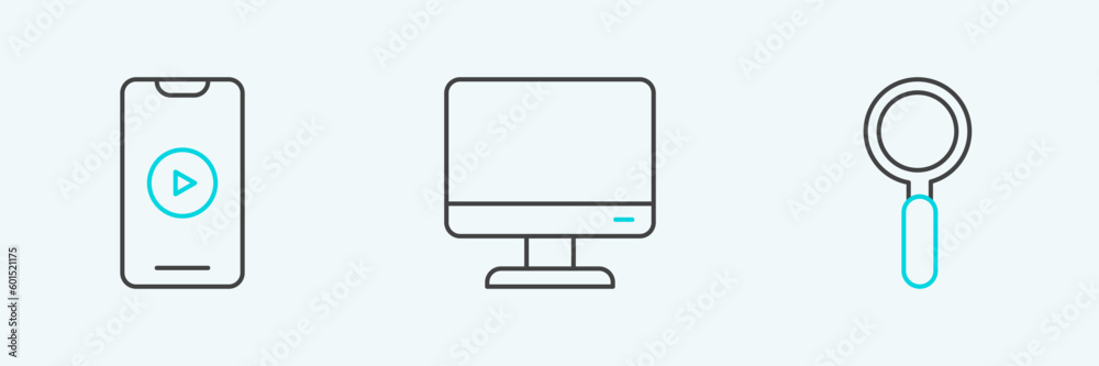 Set line Magnifying glass, Online play video and Computer monitor screen icon. Vector Set line Magnifying glass, Online play video and Computer monitor screen icon. Vector