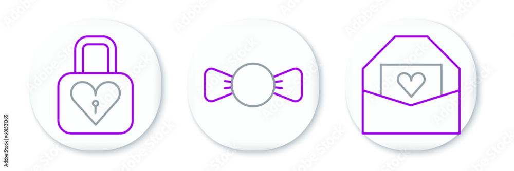 Set line Envelope with Valentine heart, Lock and and Bow tie icon. Vector Set line Envelope with Valentine heart, Lock and and Bow tie icon. Vector