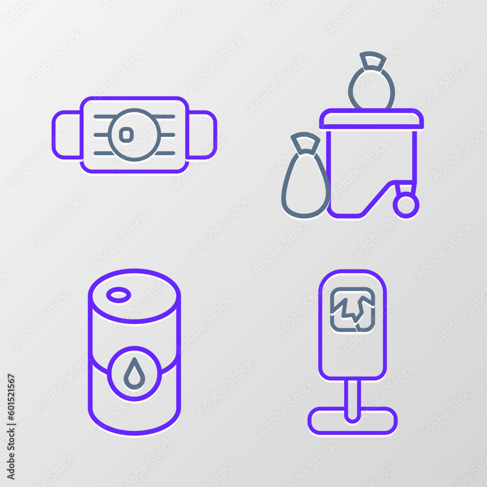 Set line Trash can, Barrel oil, Full dustbin and Medical protective mask icon. Vector Set line Trash can, Barrel oil, Full dustbin and Medical protective mask icon. Vector