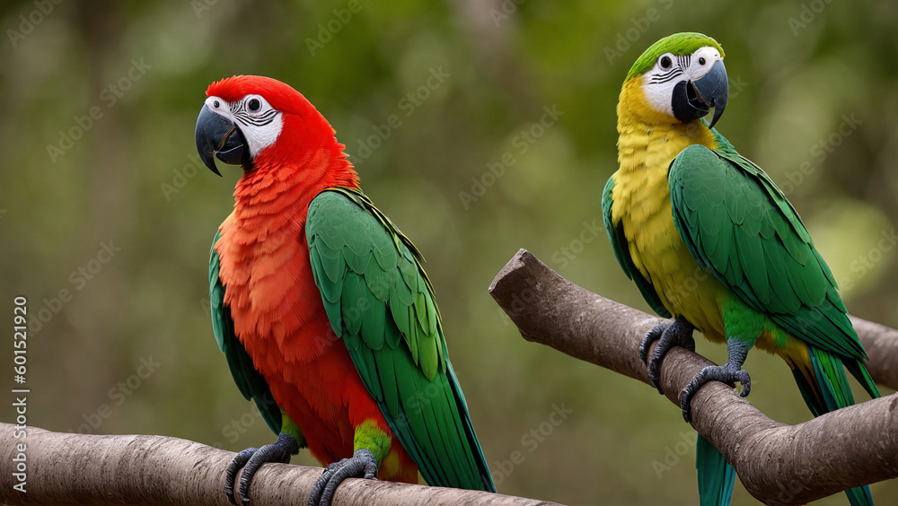 Fototapeta premium closeup of two tropical parrots sitting on tree, generative AI