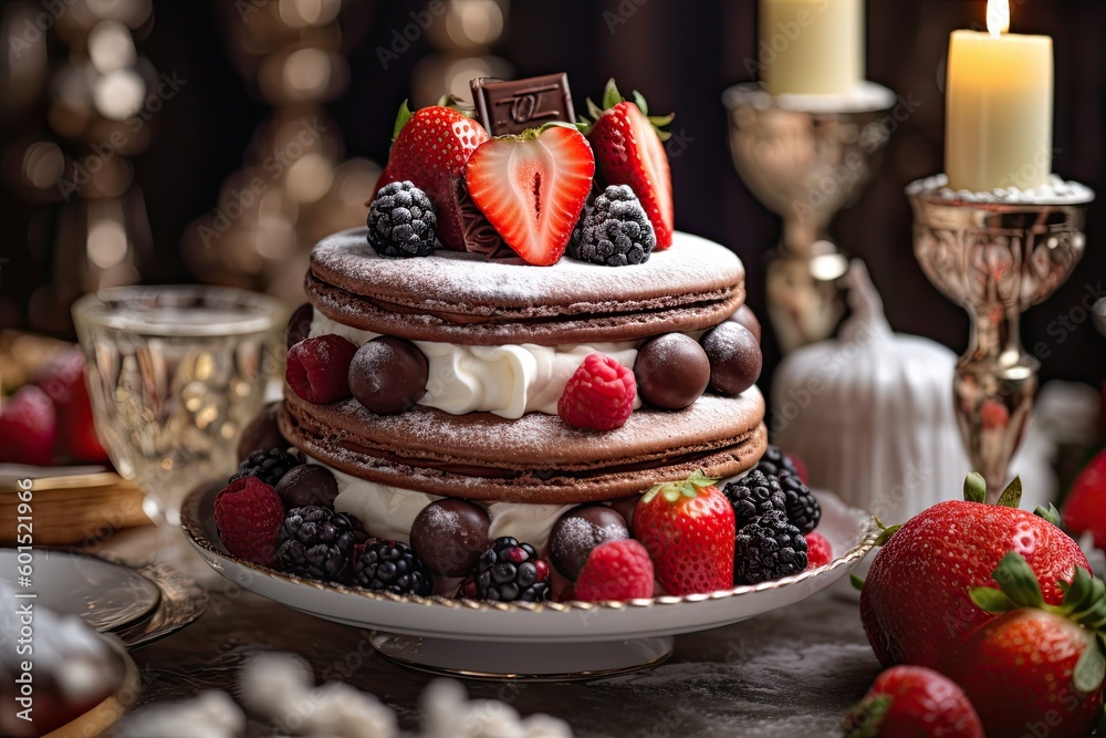 A cream and chocolate cake with fresh berries, food photography (Generative AI, Generativ, KI)