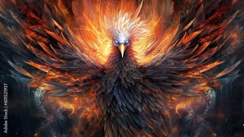 Illustration of a phoenix rising from the ashes with vibrant colors and flames (Generative AI, Generativ, KI) © Teppi