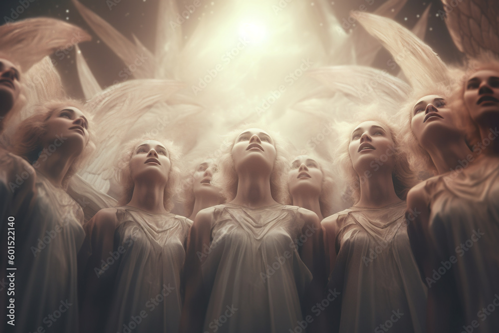 A group of angels standing next to each other. Generative AI.