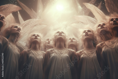 A group of angels standing next to each other. Generative AI.