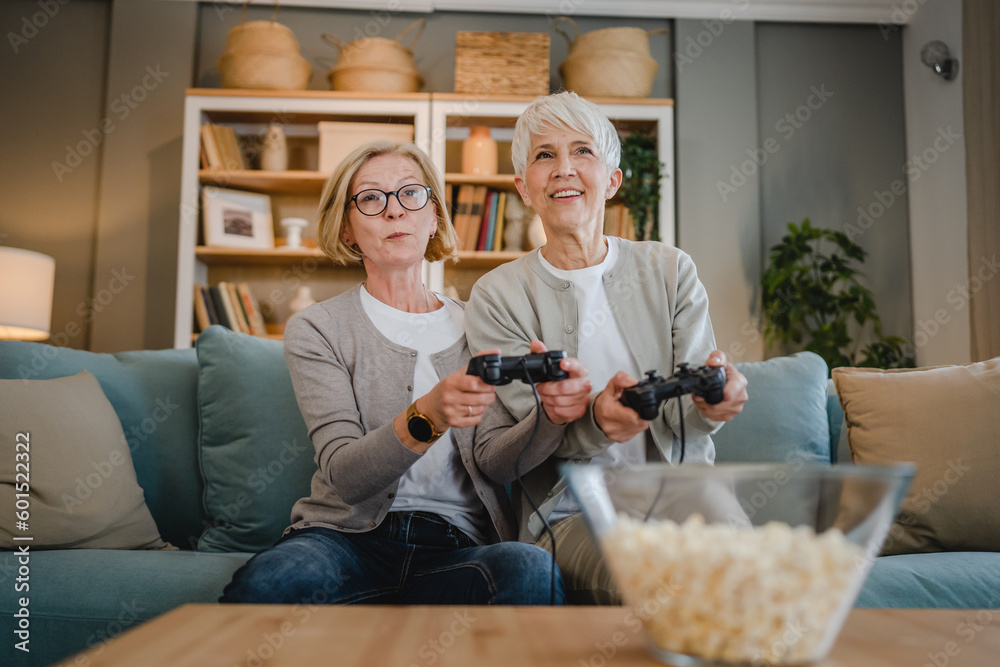 Two senior women caucasian friends or sisters play console video game Two senior women caucasian friends or sisters play console video game