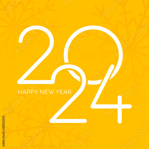 Happy New Year 2024 design on orange snowflakes background. Cover of diary for 2024 year. Brochure design template, card, banner. Vector illustration