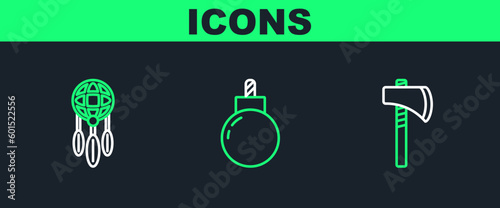 Set line Tomahawk axe, Dream catcher with feathers and Bomb ready to explode icon. Vector