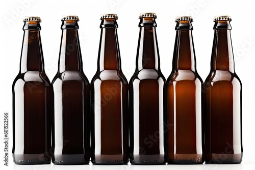 six brown beer bottles arranged in a row on a wooden surface Generative AI