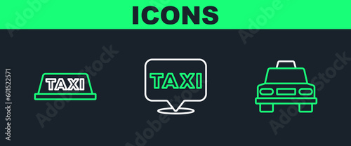 Set line Taxi car, roof and Location with taxi icon. Vector
