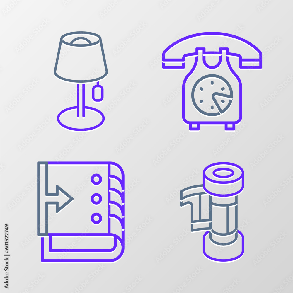 Set line Camera roll cartridge, Sound mixer controller, Telephone handset and Floor lamp icon. Vector