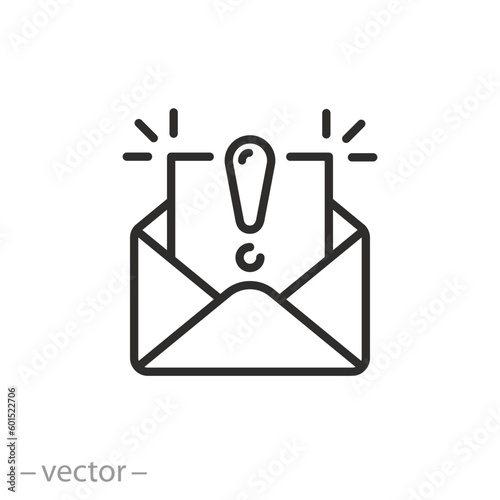 spam message icon, email phishing, open envelope, attack malware, thin line symbol - editable stroke vector illustration