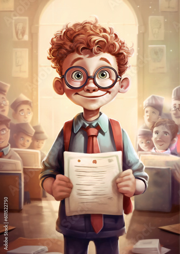 The last day of school, a happy boy holding a school certificate in class, illustration