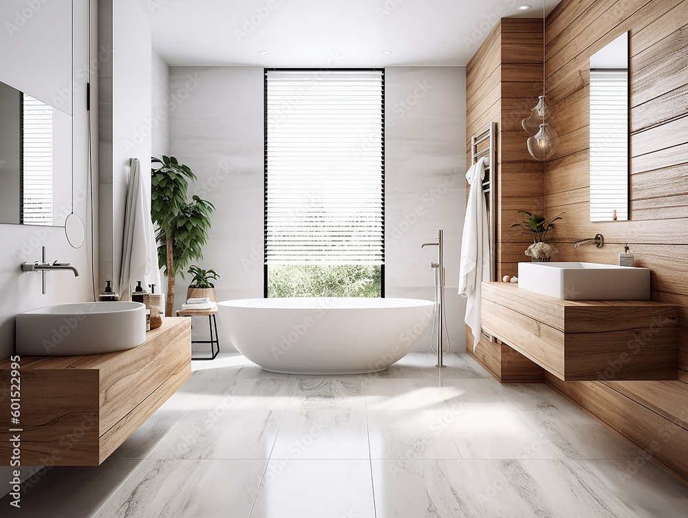 illustrazione di sala da bagno di legno e marmo con dettagli minimalisti , vasca da bagno e piante, creata con intelligenza artificiale - obrazy, fototapety, plakaty 