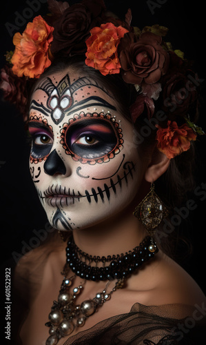 Portrait of Fictional person, Mexican Day of the Dead make-up, El Dia de Muertos, created with Generative AI © tilialucida