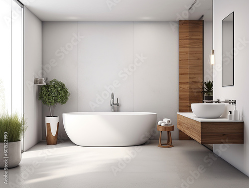 illustrazione di sala da bagno di legno e marmo con dettagli minimalisti , vasca da bagno e piante, creata con intelligenza artificiale photo