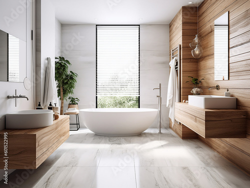 illustrazione di sala da bagno di legno e marmo con dettagli minimalisti , vasca da bagno e piante, creata con intelligenza artificiale photo