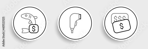 Set line New price tag dollar, Price for fish and Scanner scanning bar code icon. Vector