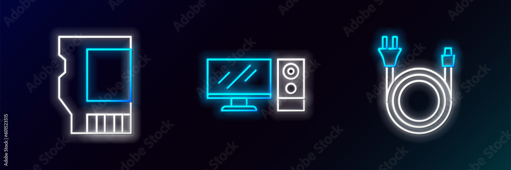 Set line Electric plug, SD card and Computer monitor icon. Glowing neon. Vector Set line Electric plug, SD card and Computer monitor icon. Glowing neon. Vector