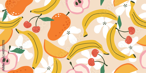 Vector seamless patterns with fruits and flowers. Trendy hand drawn texture. Contemporary collage. Modern abstract design for paper, cover, fabric.