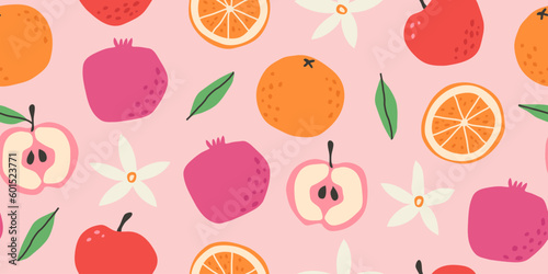 Vector seamless patterns with fruits and flowers. Trendy hand drawn texture. Contemporary collage. Modern abstract design for paper  cover  fabric.