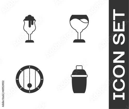 Set Cocktail shaker  Glass of beer  Wooden barrel and Wine glass icon. Vector