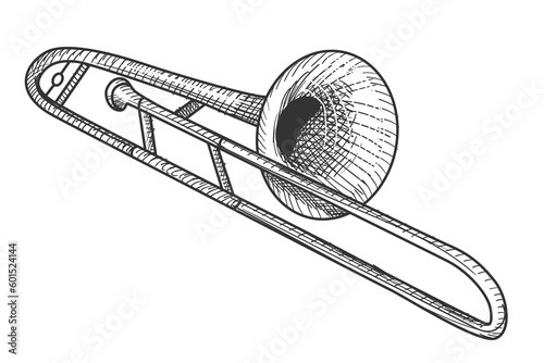 Trombone illustration in black and white linear style retro vintage jazz musical instrument.