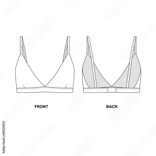 Vector illustration of a women's bra with a simple cut. Outline drawing of fashionable bra, front and back view. Bustier template in white. photo
