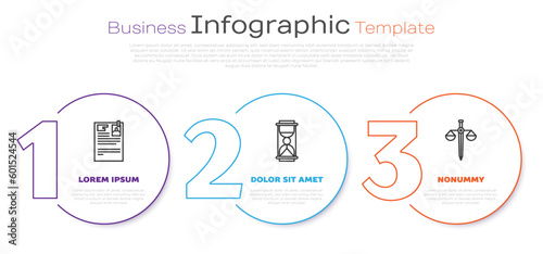 Set line Lawsuit paper, Old hourglass with sand and Scales of justice. Business infographic template. Vector