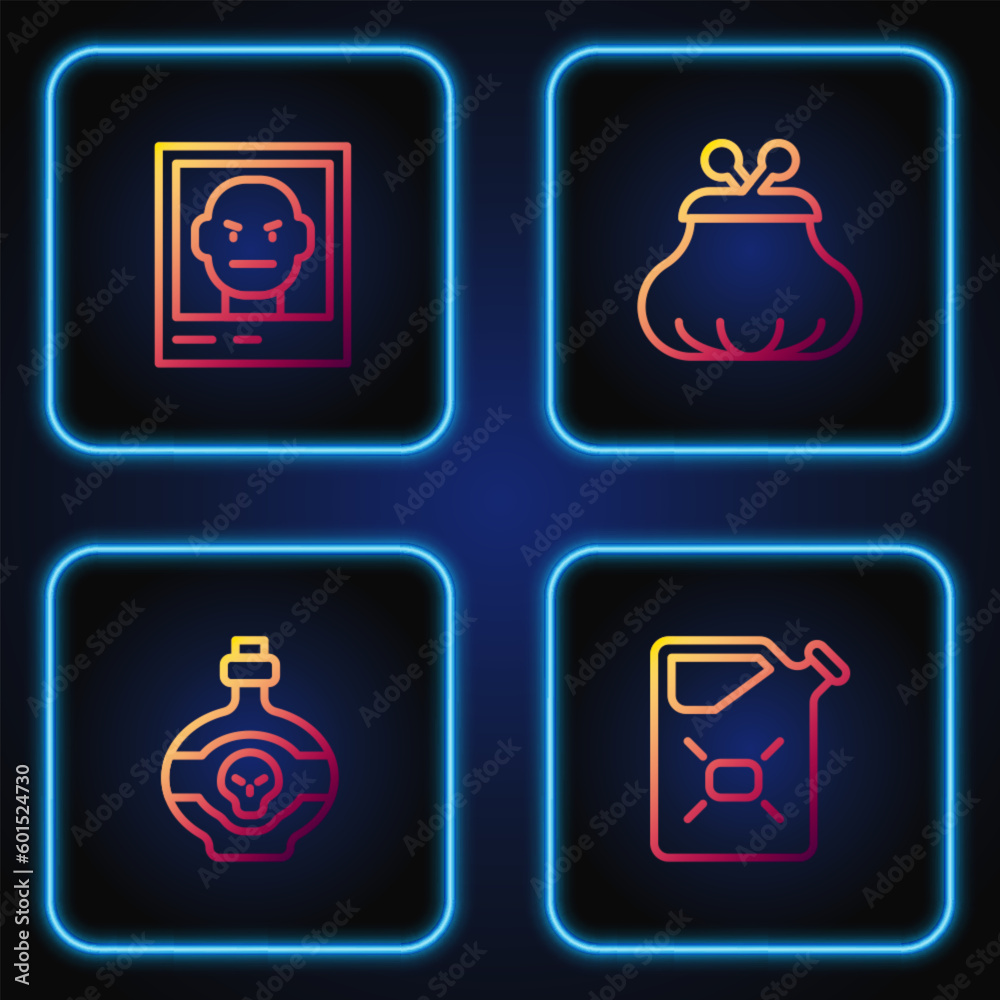 Set line Canister fuel, Poison in bottle, Wanted poster and Wallet. Gradient color icons. Vector Set line Canister fuel, Poison in bottle, Wanted poster and Wallet. Gradient color icons. Vector