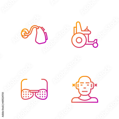 Set line Deaf, Blind glasses, Hearing aid and Electric wheelchair. Gradient color icons. Vector