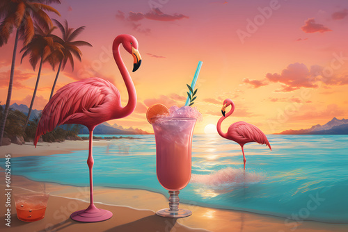 Flamingos on the beach during sunset  surrounded by waves and drinks. Generative AI