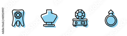 Set line Gem stone, Tooth with diamond, Necklace mannequin and Diamond engagement ring icon. Vector