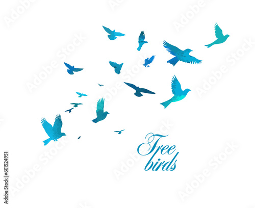 A flock of blue watercolor flying birds. Free birds abstraction Vector illustration