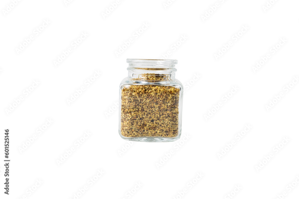 dried flowers of black lilac or black elder in latin sambuci flos in a glass jar isolated on white background. Herbs. Alternative medicine. dried flowers of black lilac or black elder in latin sambuci flos in a glass jar isolated on white background. Herbs. Alternative medicine.