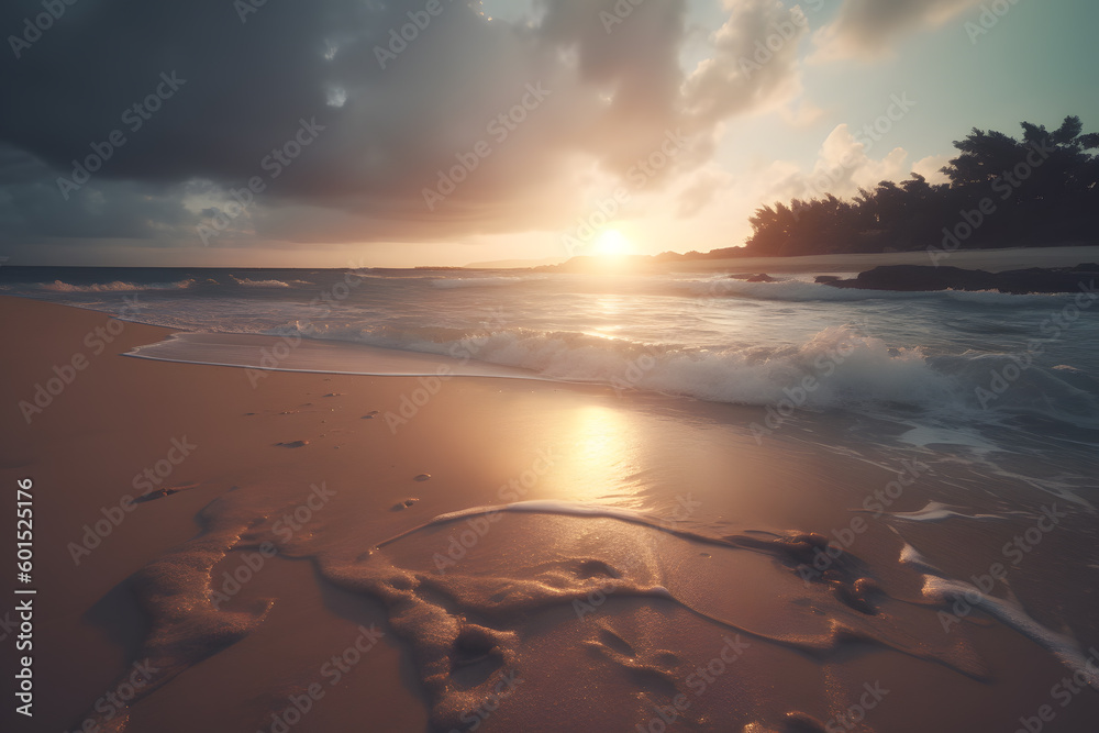 Sea, ocean and beach view during sunset vacation. Generative AI