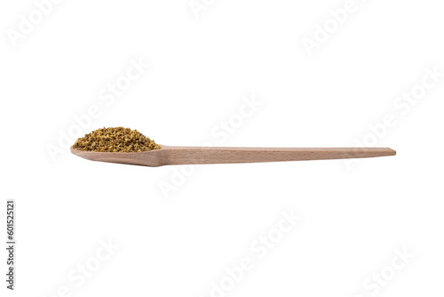 dried flowers of black lilac or black elder in latin sambuci flos on wooden spoon isolated on white background.  Herbs. Alternative medicine.